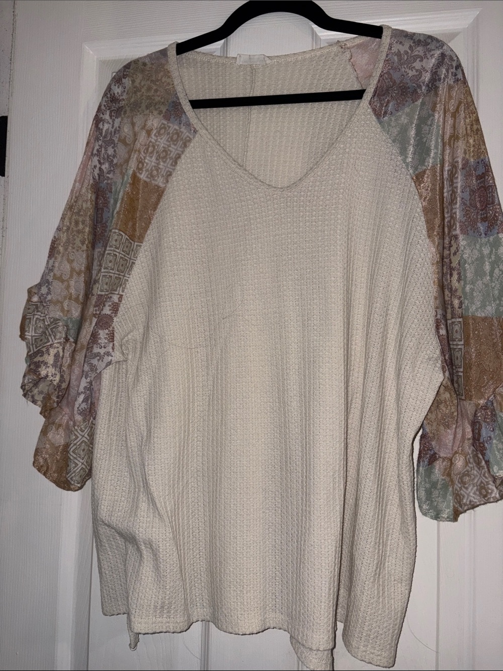 Chic Soul Cream Waffle-Knit Tunic with Patterned Sleeves